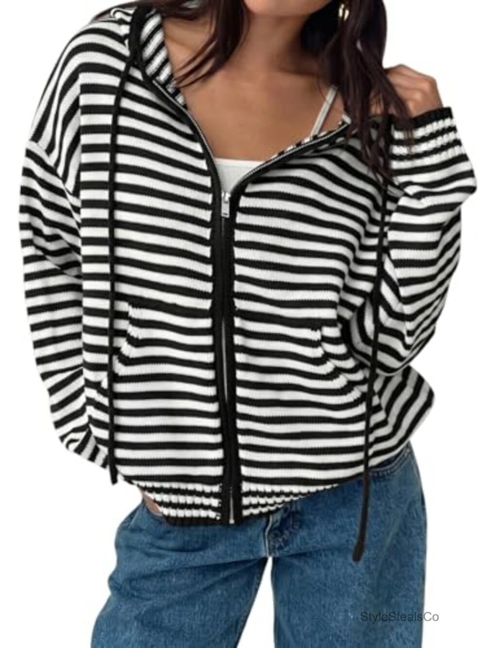 Oversized Crop Zip Hoodie Cardigan Stripe Acrylic Lightweight Drop Shoulder